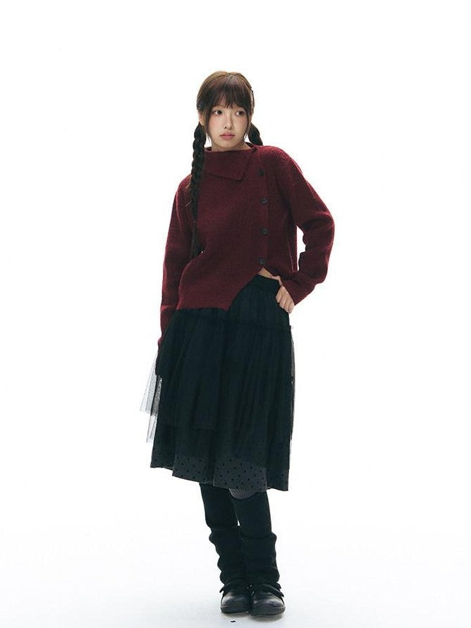 NAPSNAPS Rust Red Asymmetrical Placket Knit Mock Neck Women&