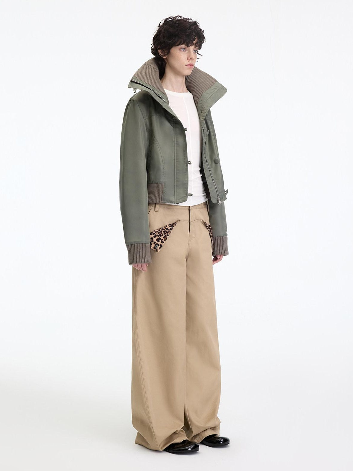 RUN TO THE FUTURE Leopard Patchwork Casual Loose Straight Leg Mid Rise Zip Fly Cotton Khaki Chinos