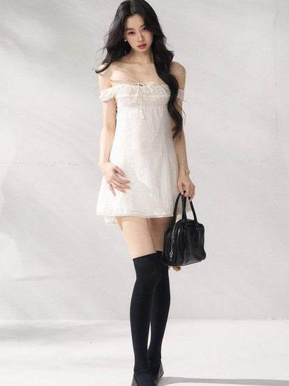 7Shiftin Cinched Tie Waist Minimalist Sleeveless A Line Women White Mini Dresses