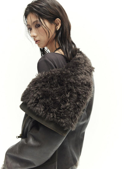 Low pixel Warm Faux Shearling Waisted Gothic Short Zip Women Coffee Cropped Jackets