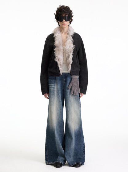 RUN TO THE FUTURE Warm Thick Patchwork Casual Zip Front Fur Collar Women Black Cardigans