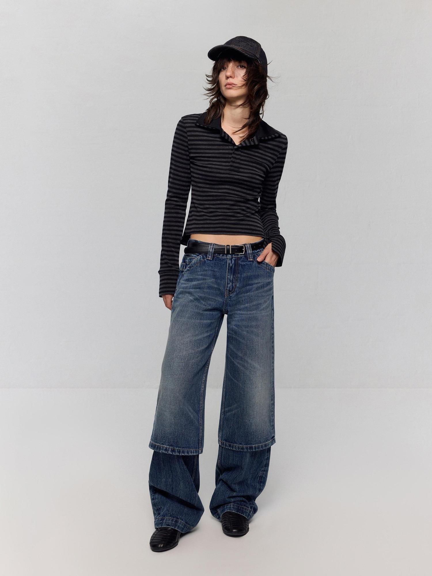 RUN TO THE FUTURE Washed Blue Denim Low Waist Relaxed Fit Casual Zipper Fly Wide-Leg Jeans