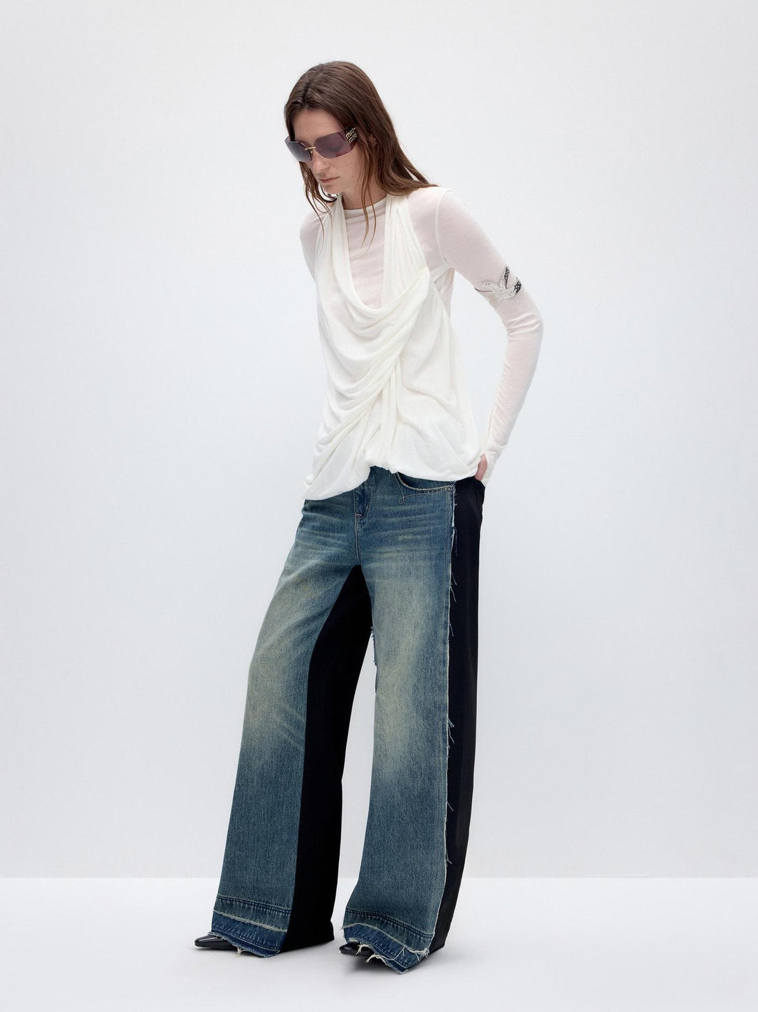 RUN TO THE FUTURE Tencel Wool Blend Pleated Commuter Slim Solid Milk White Long Sleeve T-Shirts