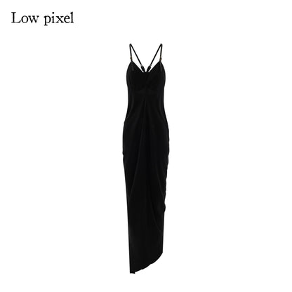 Low pixel Pure Cupro Slim Fit Dark Gothic Vneck Camisole Women Black Zip Back Maxi Dresses