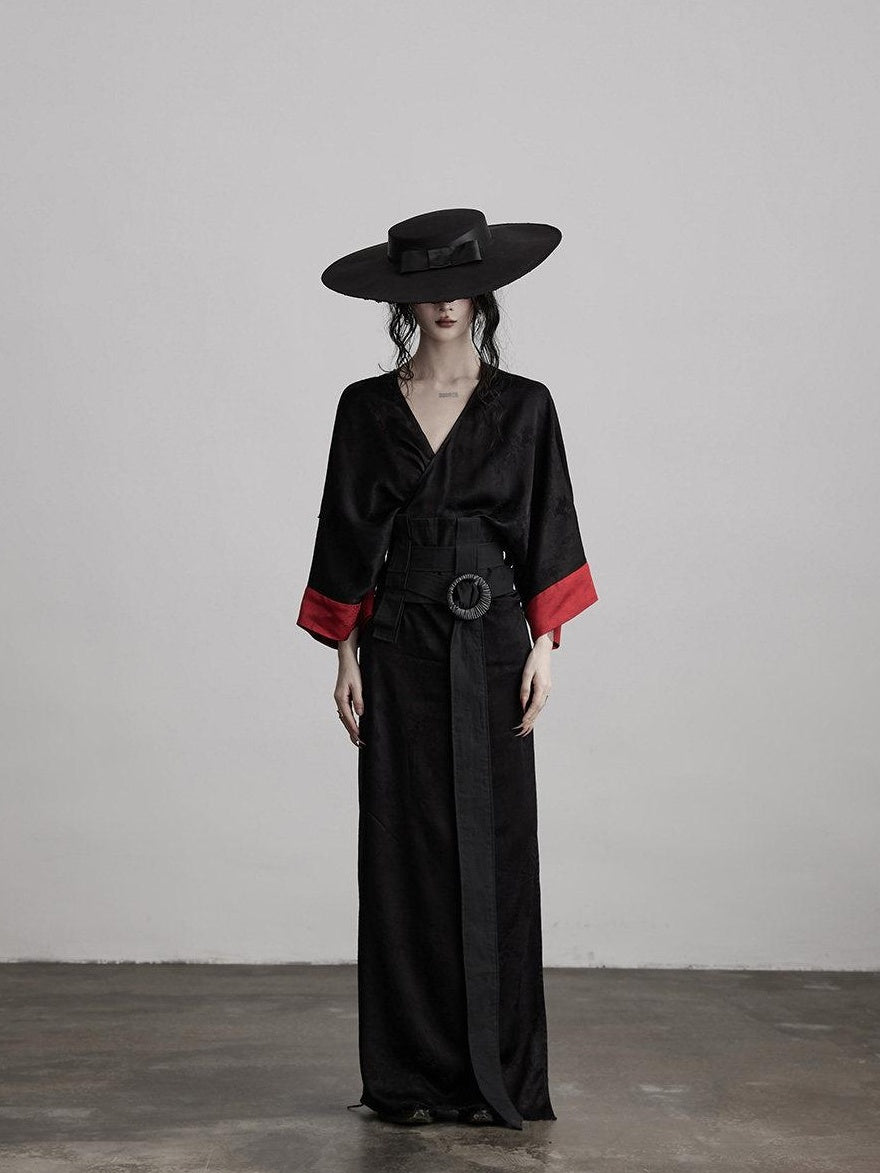 INDULGE Gothic V-neck Viscose Flared Loose Casual Womens Black Trench Coats