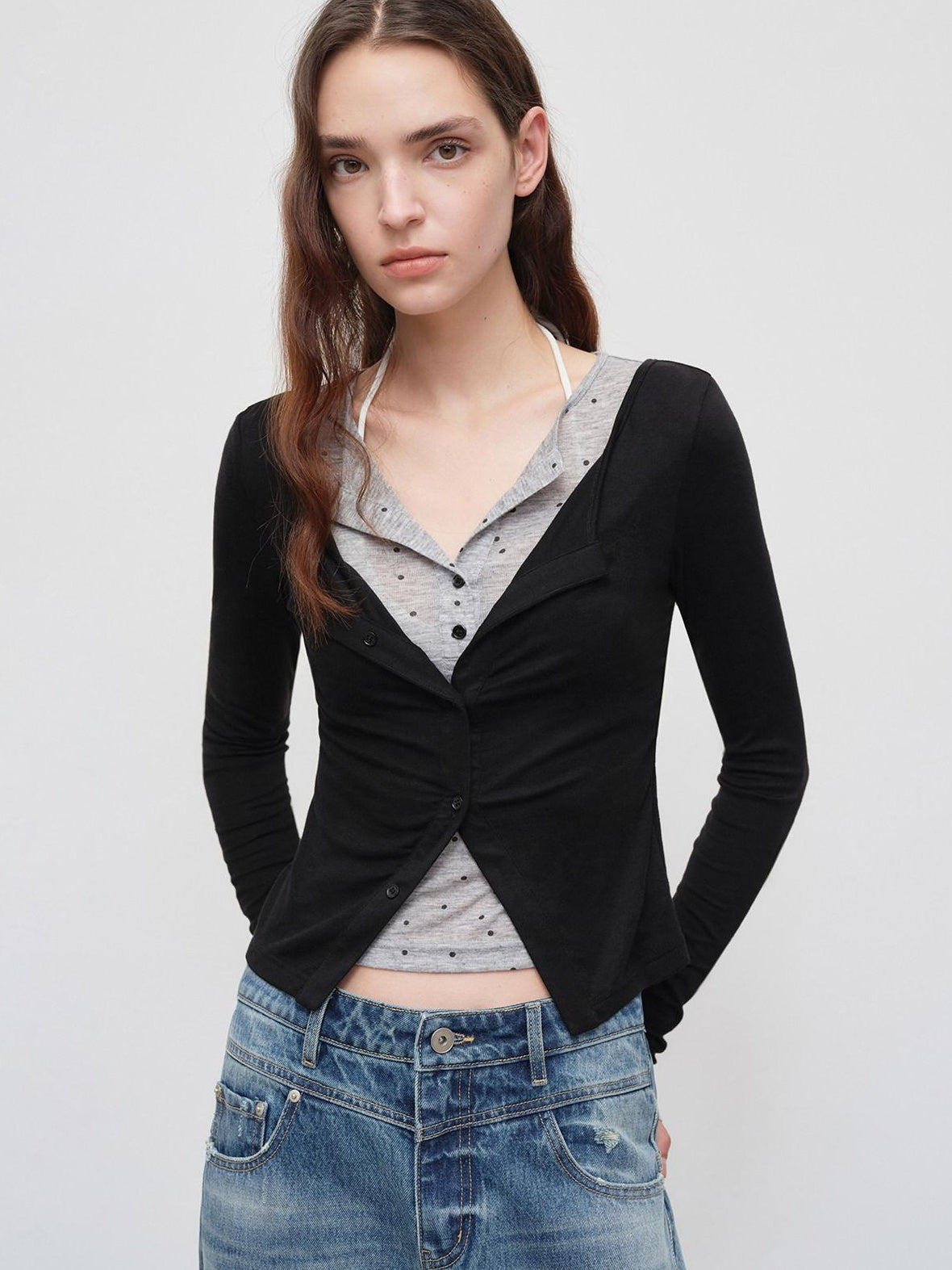RUN TO THE FUTURE Polka Dot Knit Faux Layered Slim Fit Collared Women Casual Long Sleeve T-Shirts