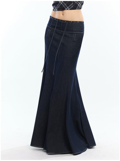 2th Desire High Waist Lyocell Cotton Patchwork Fishtail Tie Waist Women Maxi Skirts