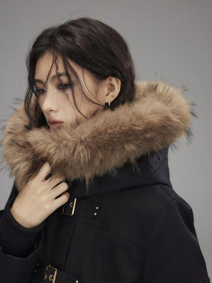 Low pixel Warm Cotton Utility Cinched Waist Multi Pocket Hooded Women Black Puffer Jackets