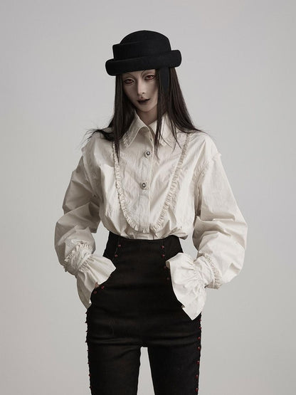 INDULGE Elegant Pleated Loose Fit Stand Collar Long Sleeve Cotton Blend Daily Blouses