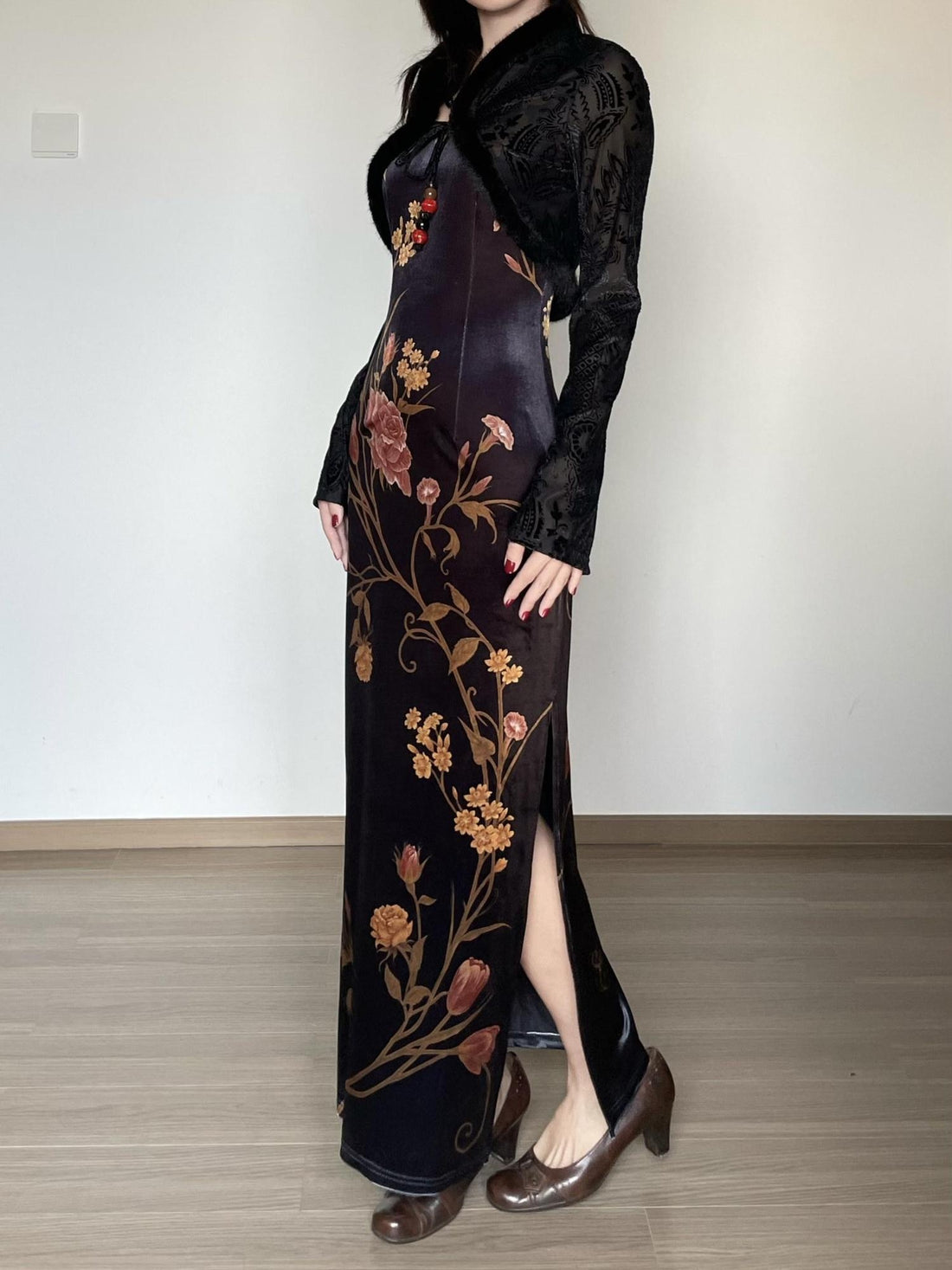 Wet Tail Breathable Floral Cheongsam Vintage Long Sleeve Everyday Casual Maxi Dresses