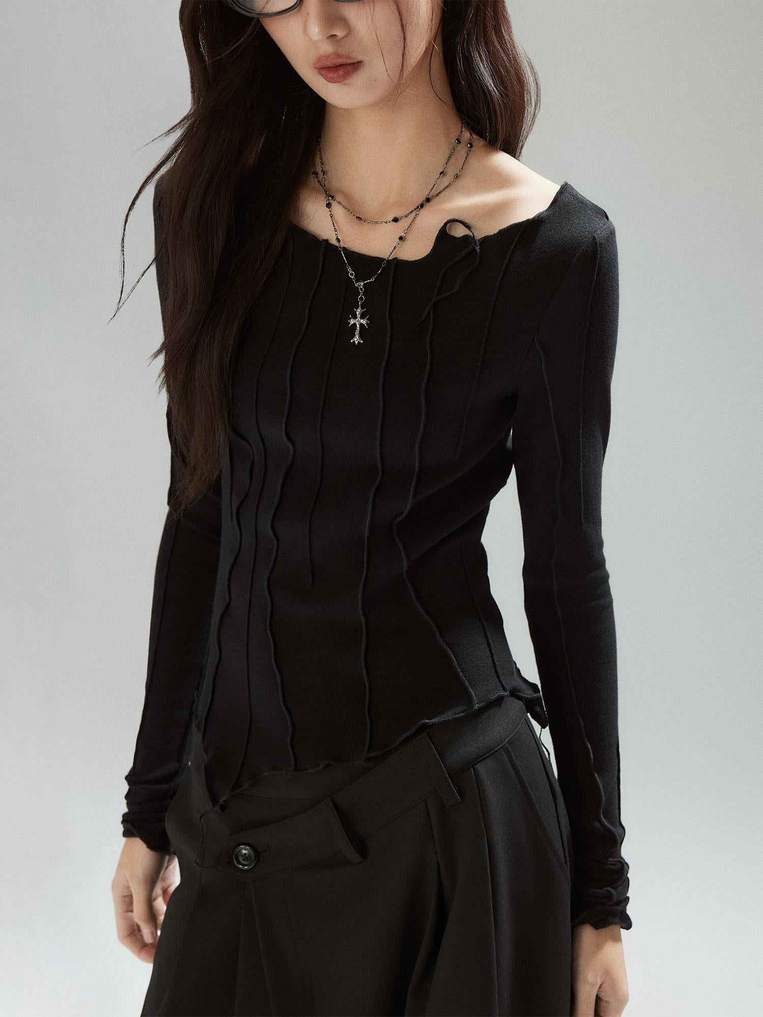 Low pixel Patchwork V-neck Slim Street Girls Lyocell Black Long Sleeve T-Shirts