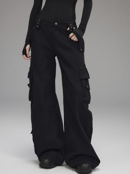 Low pixel Washed Low Rise Wide Leg Utility Loose Fit Womens Black Cargo Pants
