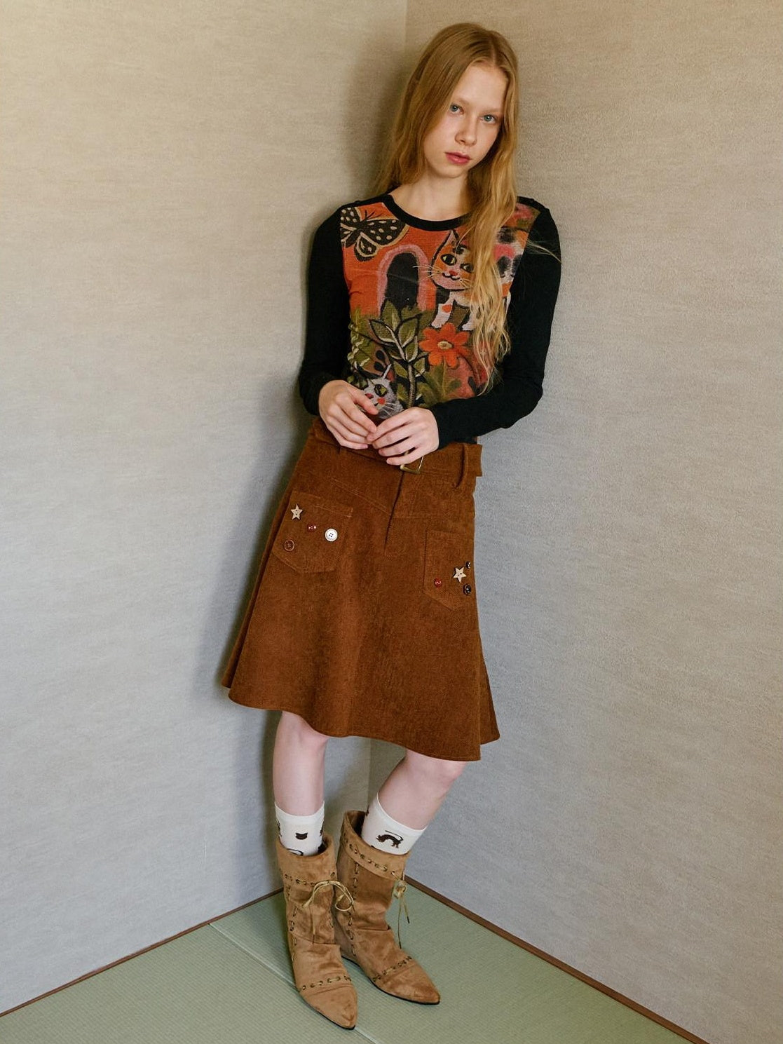 OuttheBlue Handsewn Embroidery Minimalist A Line Mid Waist Caramel Polyester Midi Skirts
