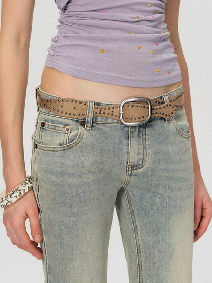 The NeverMore Washed Micro Flare Low Rise Micro Stretch Cotton Blue Green Straight Leg Jeans
