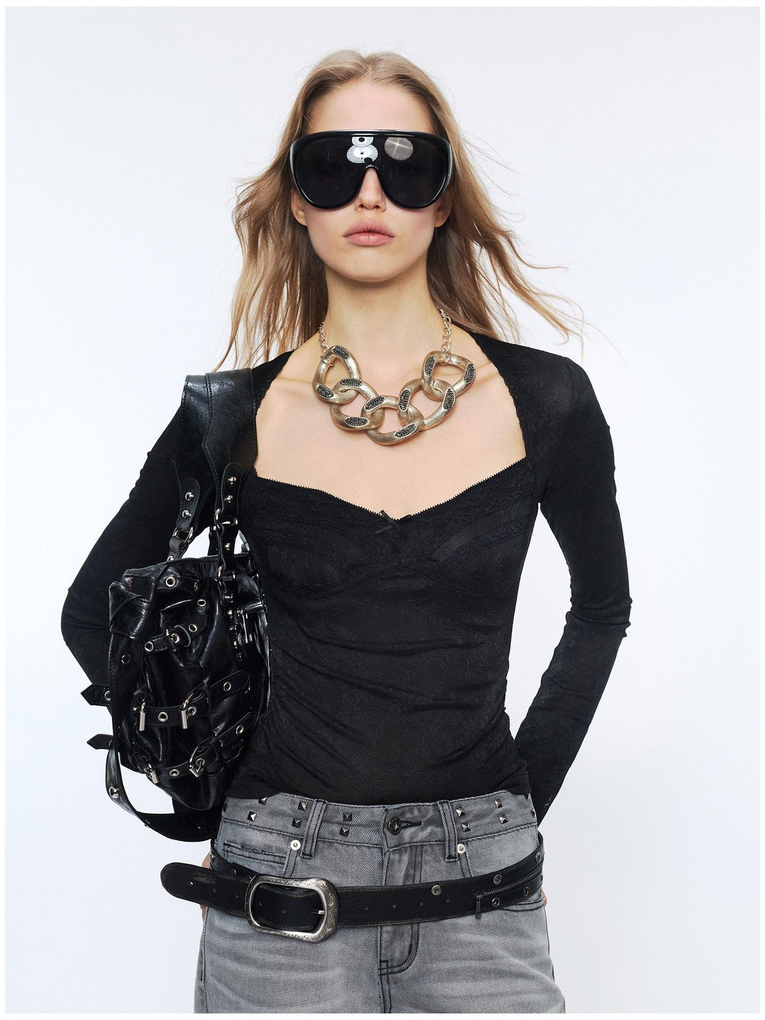 2th Desire Sexy Nylon Slim Vneck Cropped Butterfly Bow Black Long Sleeve T-Shirts