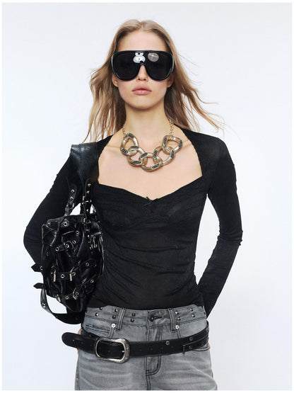 2th Desire Sexy Nylon Slim Vneck Cropped Butterfly Bow Black Long Sleeve T-Shirts