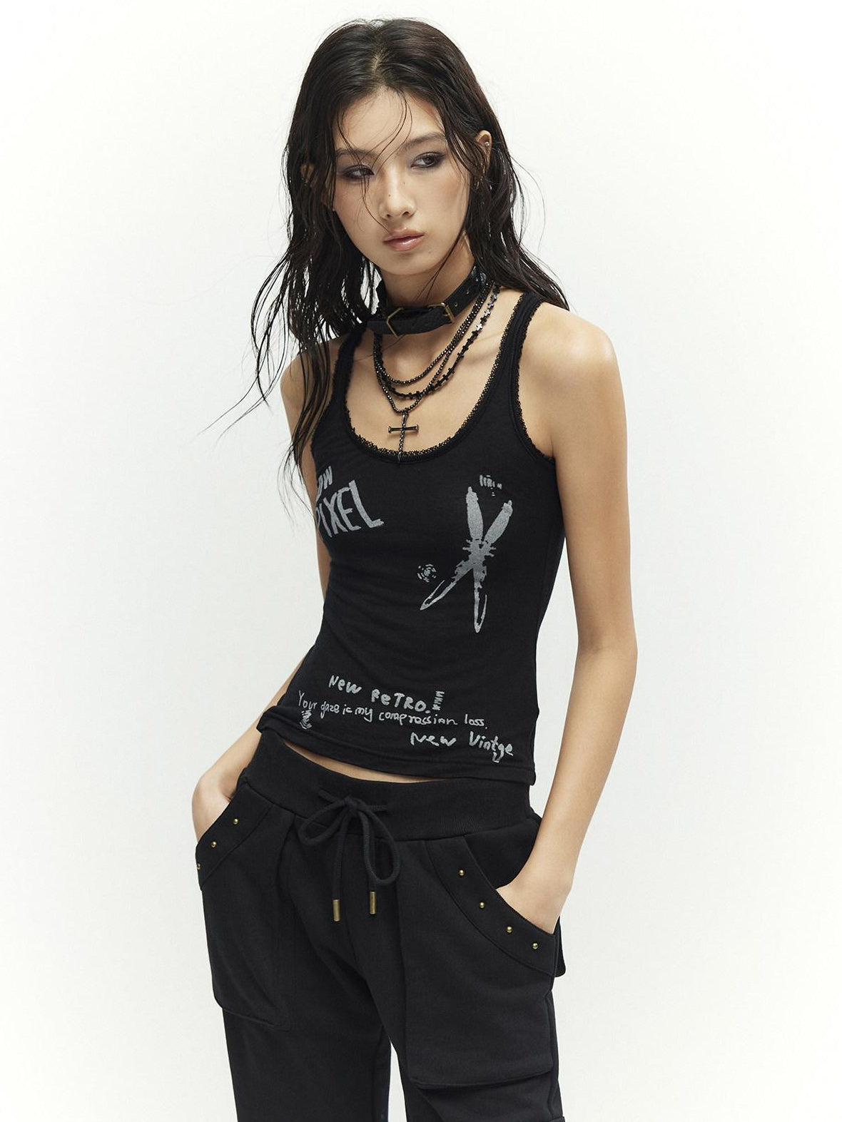 Low pixel Studded Slim Fit Zip Front Stand Collar Thick Cotton Black Top &amp; Pants Sets