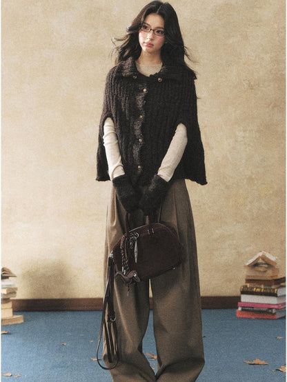 7Shiftin Pleated Wool Blend Natural Waist Casual Straight Hem Khaki Women Wide Leg Pants