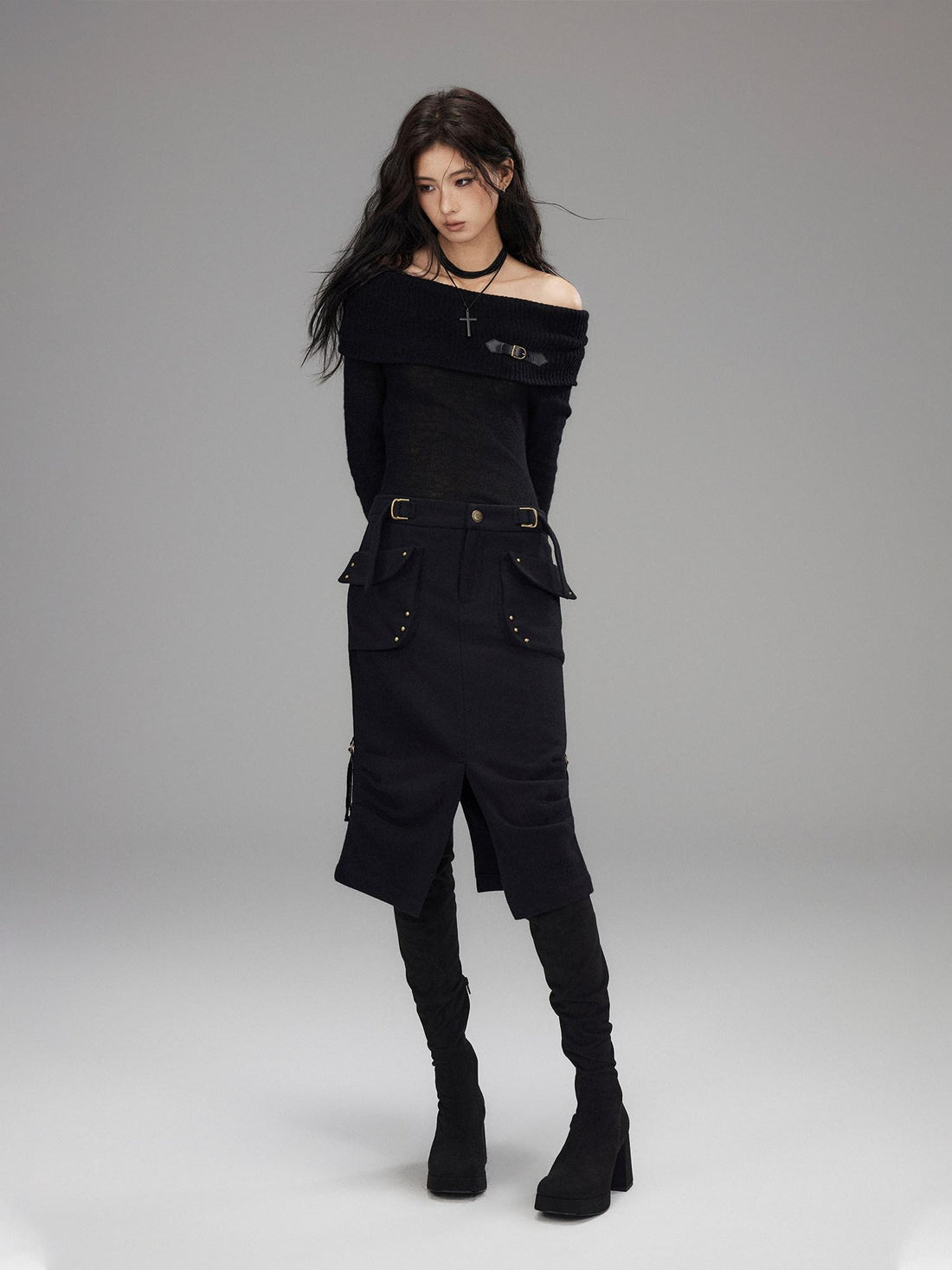 Low pixel Wool Blend Low Rise Cargo Pockets Front Slit Hline Casual Black Midi Skirts