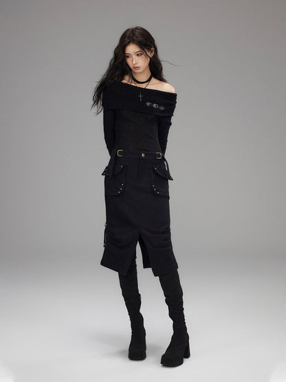 Low pixel Wool Blend Low Rise Cargo Pockets Front Slit Hline Casual Black Midi Skirts
