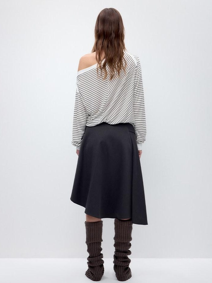RUN TO THE FUTURE Lyocell Wool Blend Loose Fit Slanted Neck Striped Long Sleeve T-Shirts