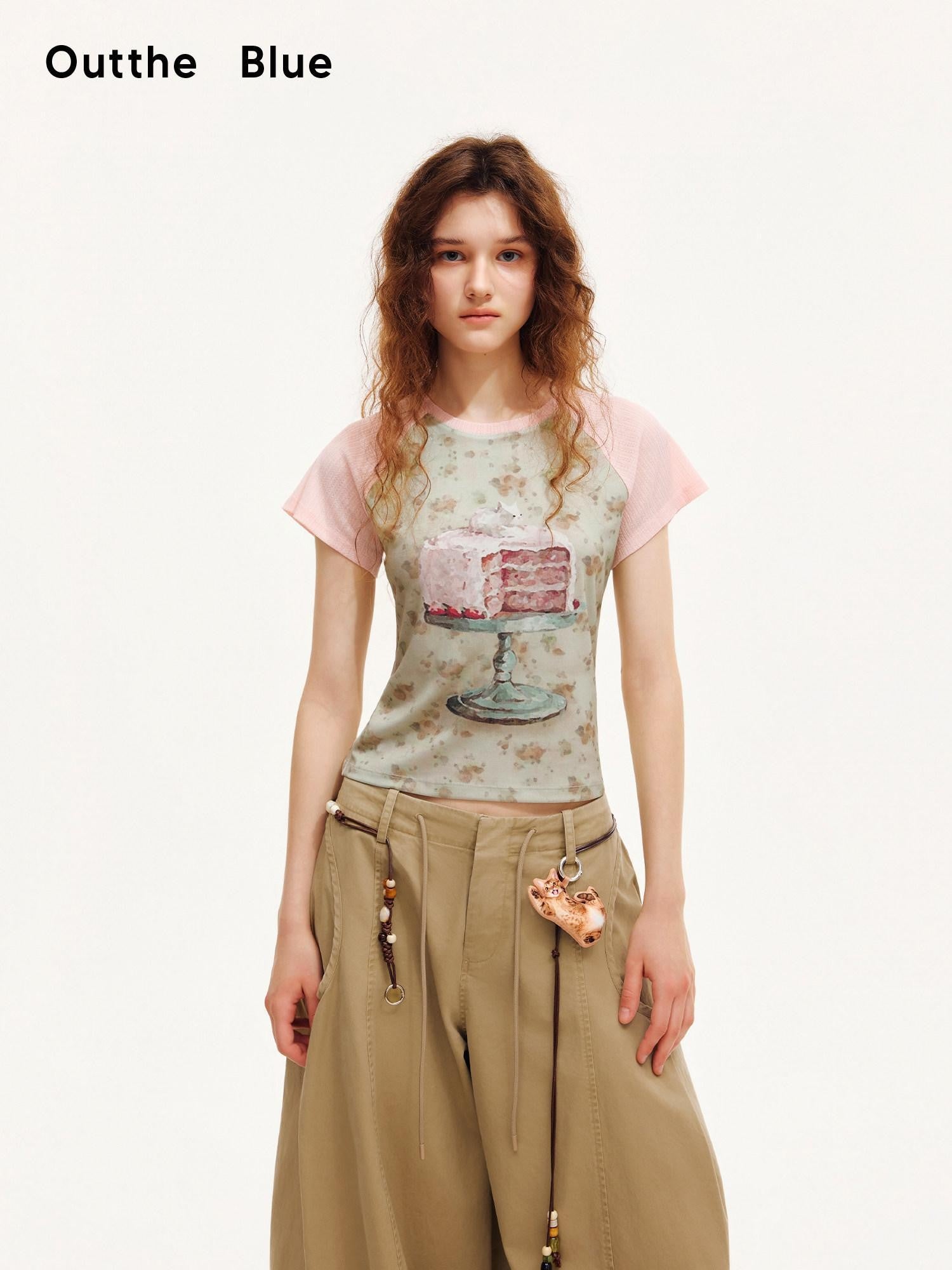 OuttheBlue Pink Textured Patchwork Raglan Food Print Women&
