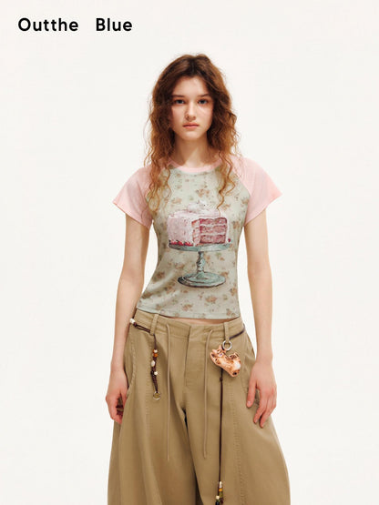 OuttheBlue Pink Textured Patchwork Raglan Food Print Women&