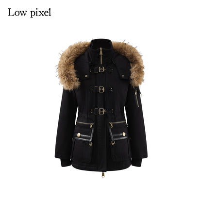 Low pixel Warm Cotton Utility Cinched Waist Multi Pocket Hooded Women Black Puffer Jackets