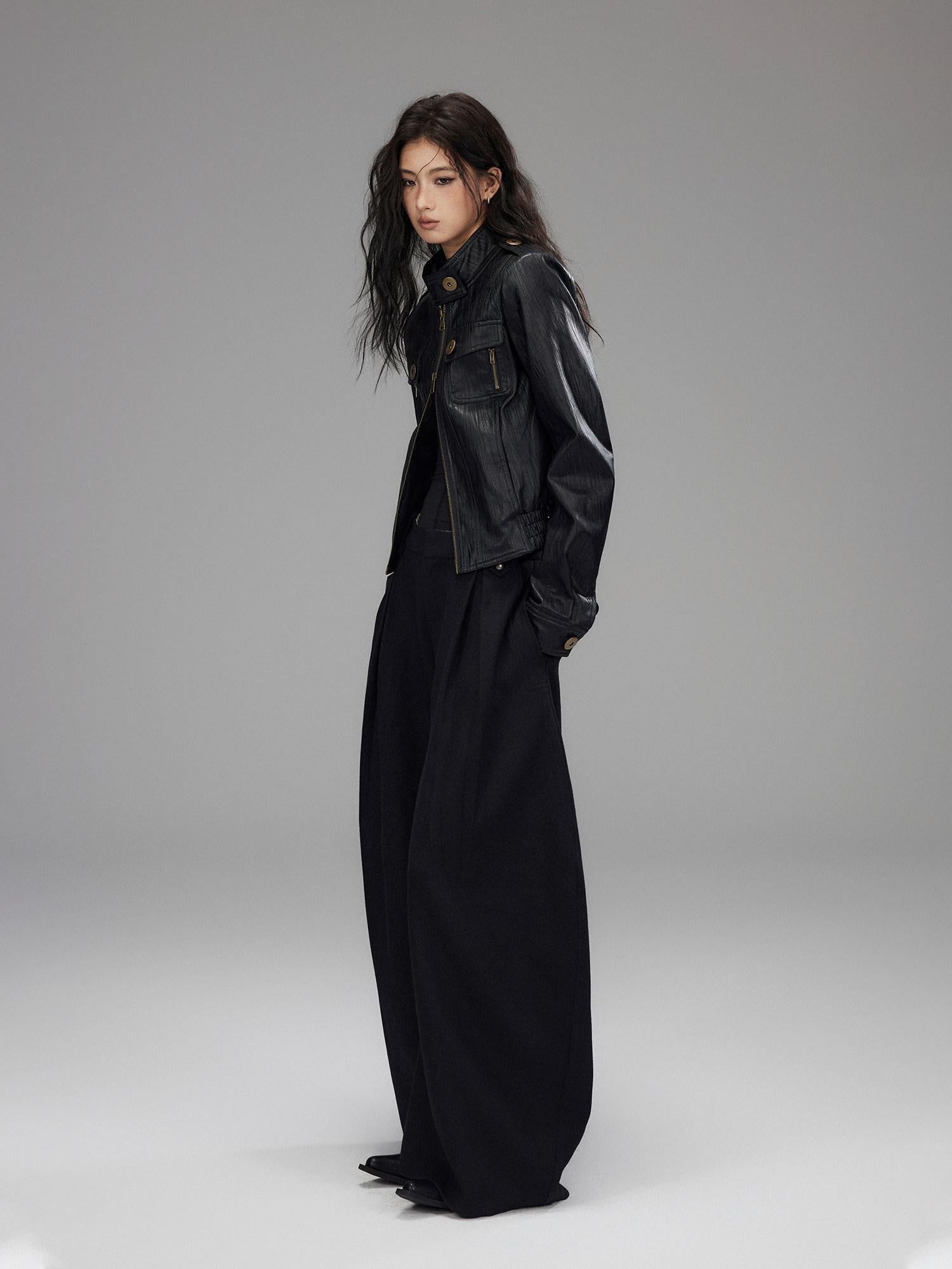 Low pixel Black Wool Blend Low Rise Zipper Casual Straight Hem Women Wide Leg Pants