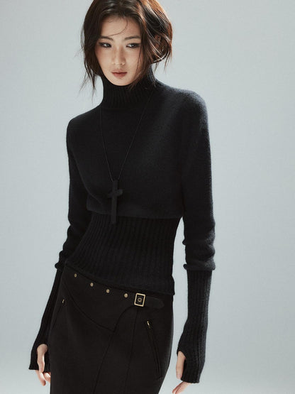 Low pixel Soft Viscose Wool Blend Street Slim Patchwork Women High Neck Knit Sweaters