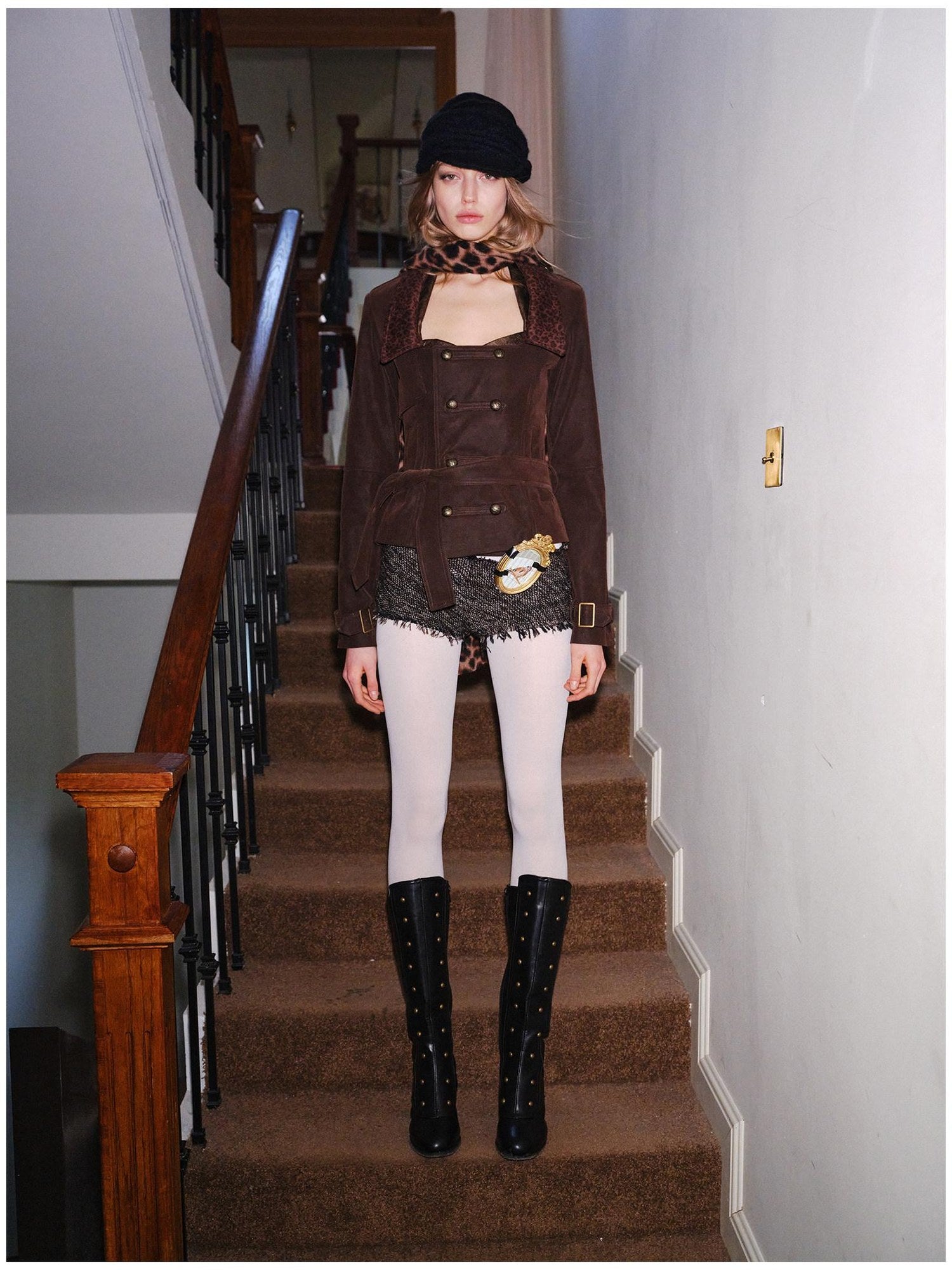 2th Desire Waist Cinch Punk Leopard Print Slim Fit Zip Short Women Trench Coats