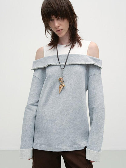 RUN TO THE FUTURE Gray White Patchwork Layered Loose Crewneck Commuter Women Pullover Sweatshirts