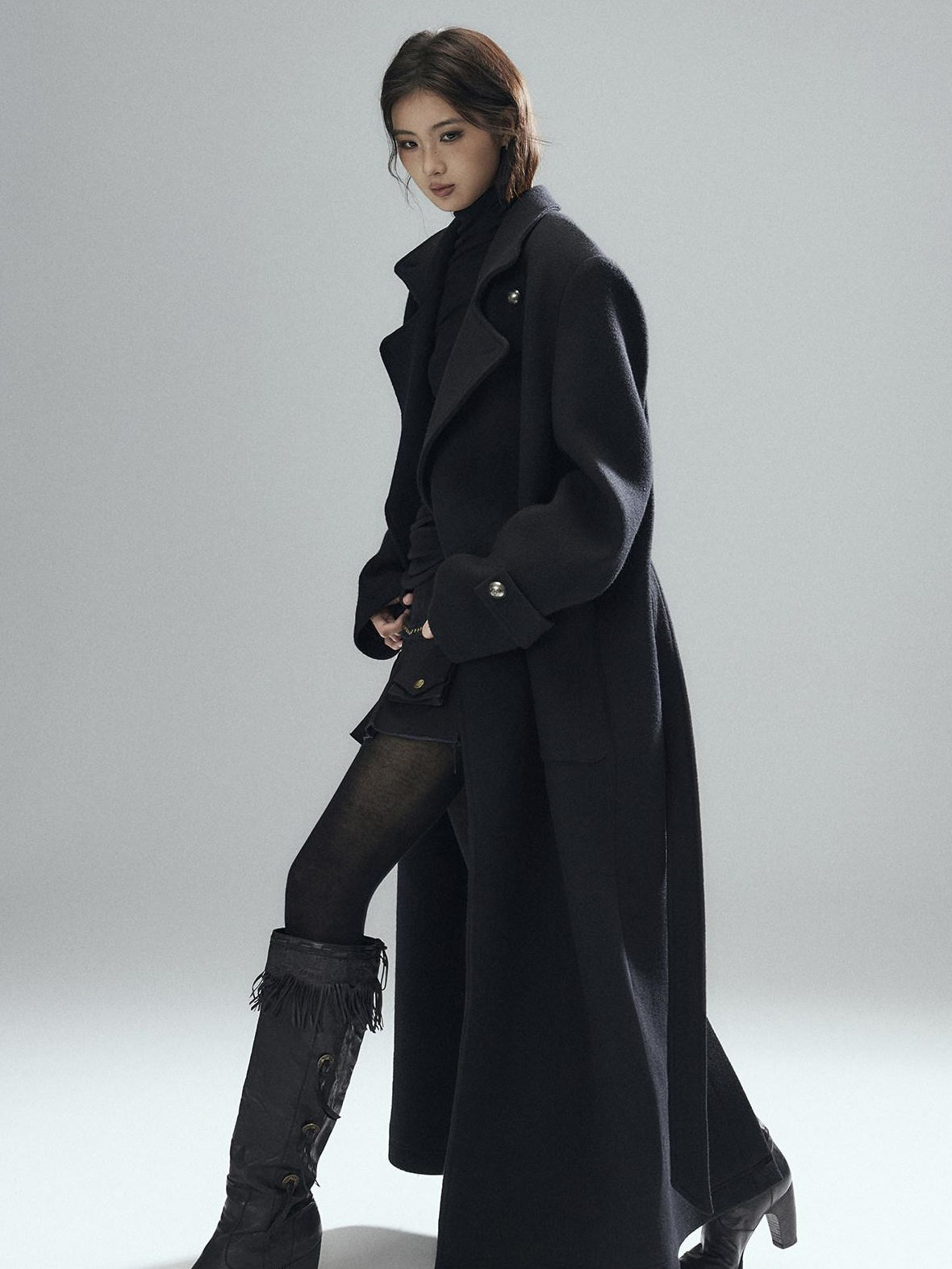 Low pixel Warm Wool Blend Street Oversized Double Breasted Notch Collar Black Wool Coats