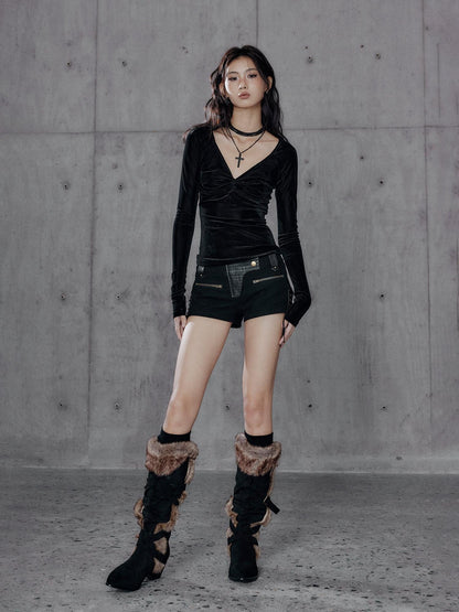Low pixel Flocked Velvet Mesh V-neck Slim Dark Aesthetic Daily Wear Long Sleeve Crop Tops