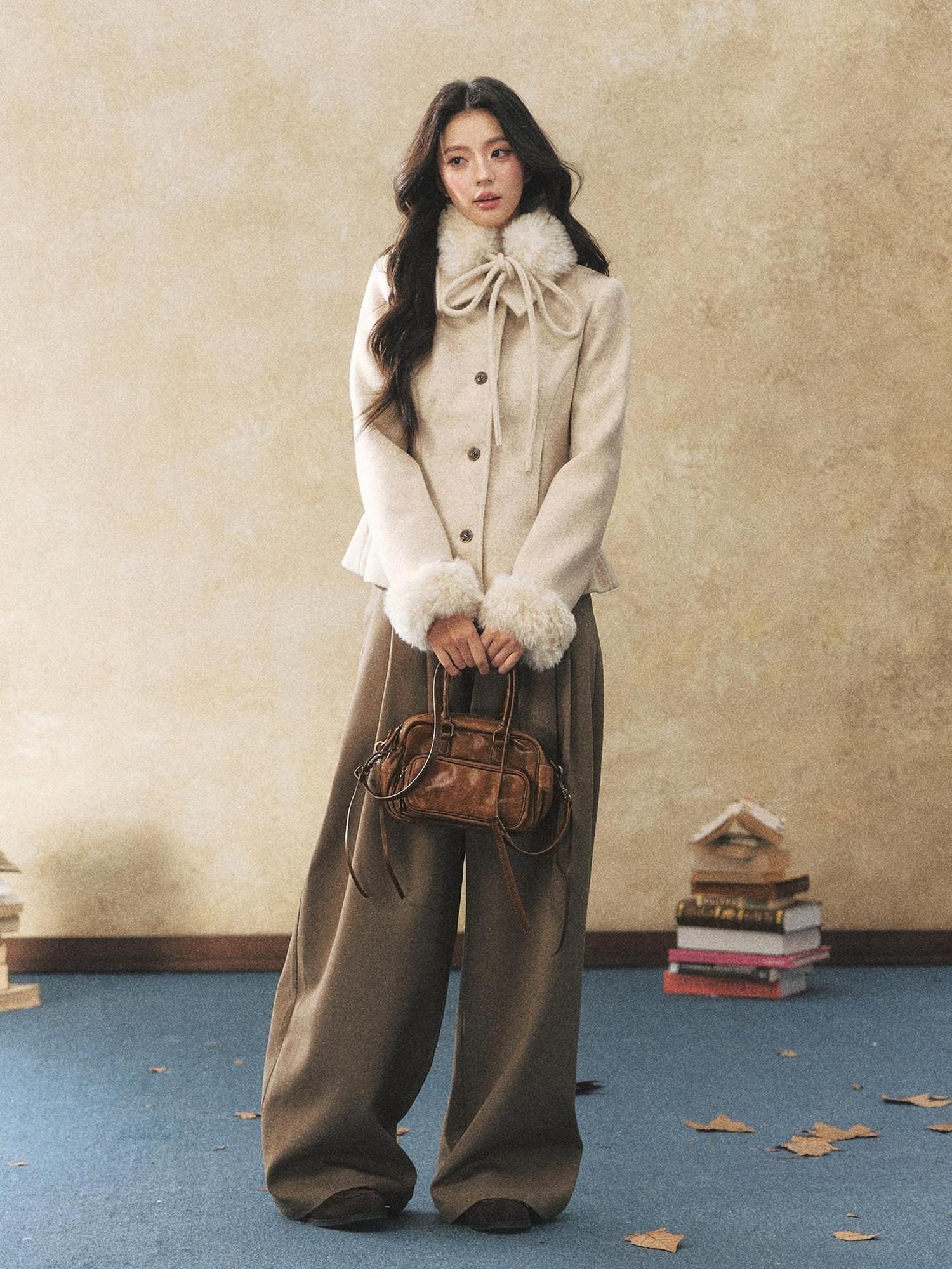 7Shiftin Pleated Wool Blend Natural Waist Casual Straight Hem Khaki Women Wide Leg Pants