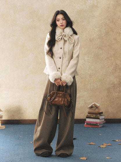 7Shiftin Pleated Wool Blend Natural Waist Casual Straight Hem Khaki Women Wide Leg Pants
