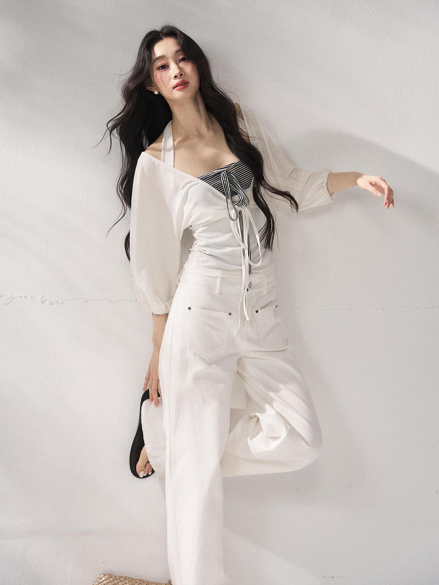 7Shiftin Button Front Natural Waist Casual White Flowy Wide Leg Pants