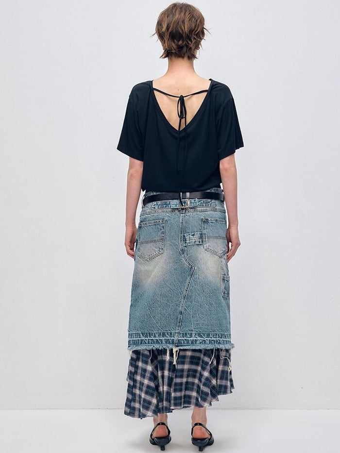 RUN TO THE FUTURE Vintage Patchwork Distressed Low Waist Slim A Line Denim Women Midi Skirts