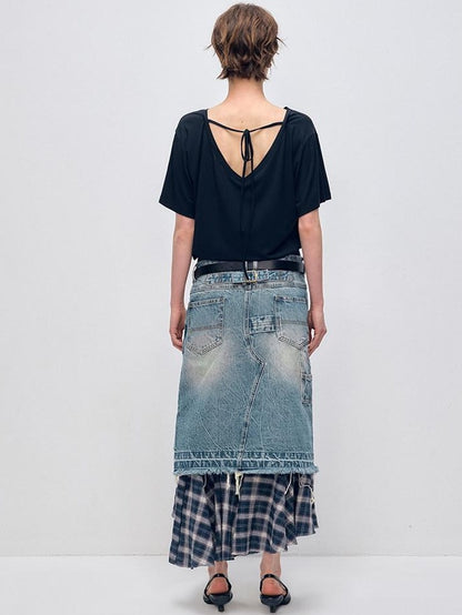 RUN TO THE FUTURE Vintage Patchwork Distressed Low Waist Slim A Line Denim Women Midi Skirts