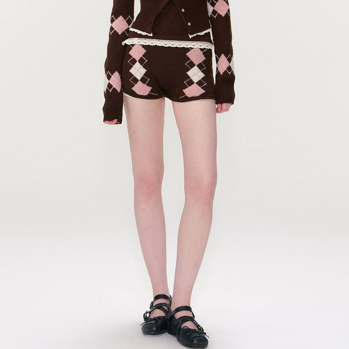 The NeverMore Cashmere Blend Sexy Argyle Button Cardigan Shorts Women Top &amp; Shorts Sets