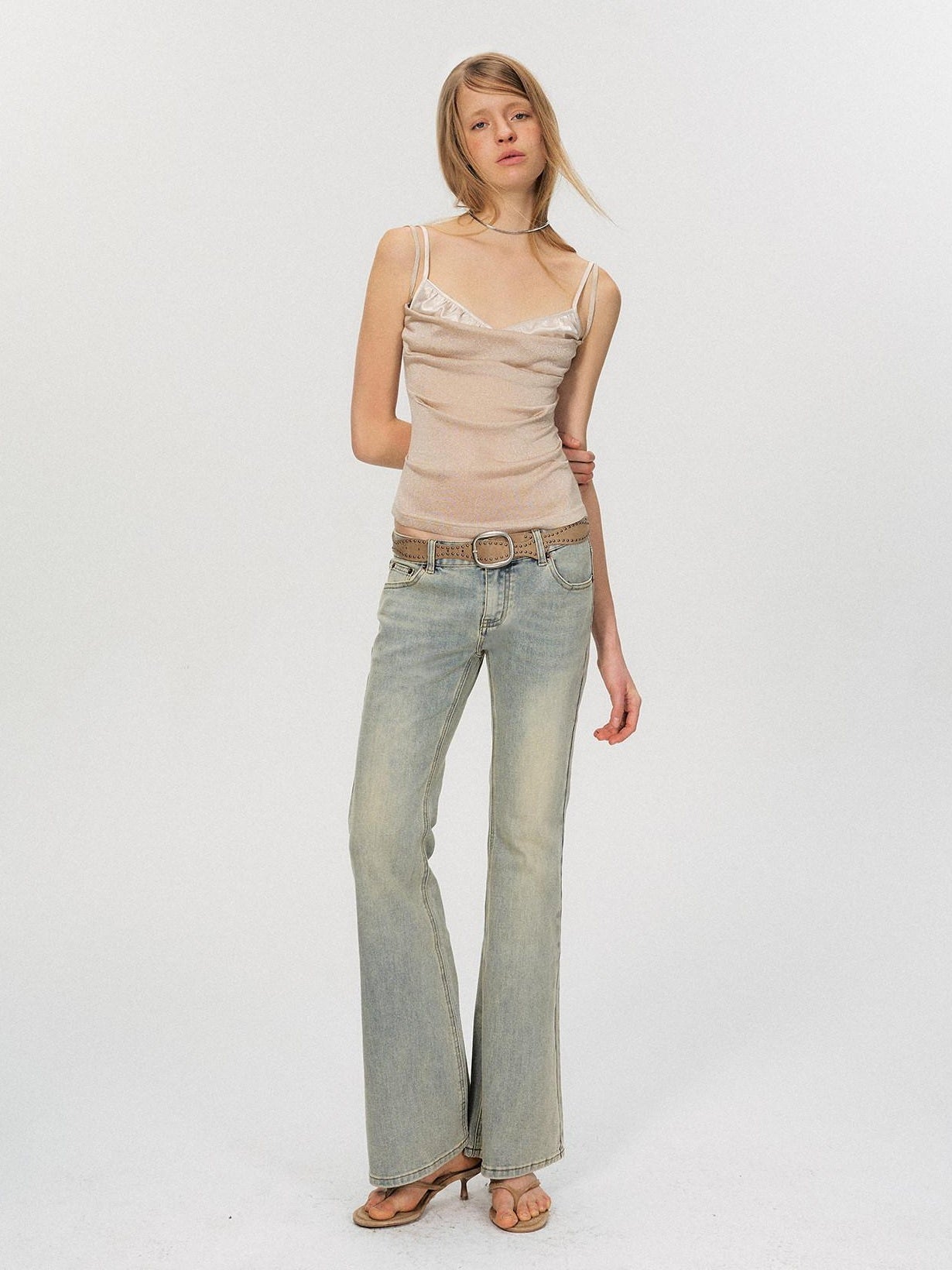 The NeverMore Washed Micro Flare Low Rise Micro Stretch Cotton Blue Green Straight Leg Jeans