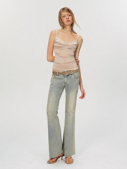 The NeverMore Washed Micro Flare Low Rise Micro Stretch Cotton Blue Green Straight Leg Jeans