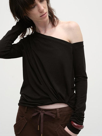RUN TO THE FUTURE Moisture Wicking Lyocell Slim Asymmetric Neck Ruched Long Sleeve T-Shirts