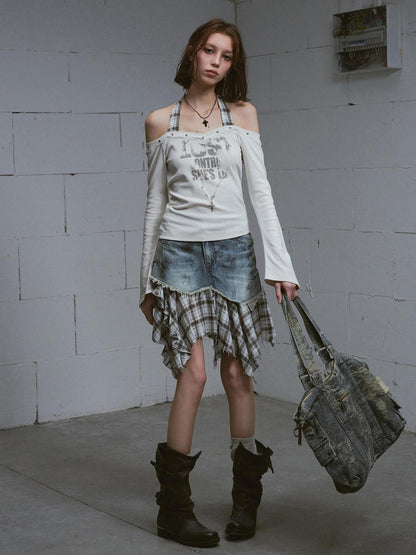 Cest Nous Washed Deconstructed Plaid Patchwork Asymmetric Women&