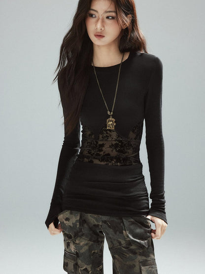 Low pixel Asymmetrical Patchwork Slim Streetwear Black Lyocell Long Sleeve T-Shirts
