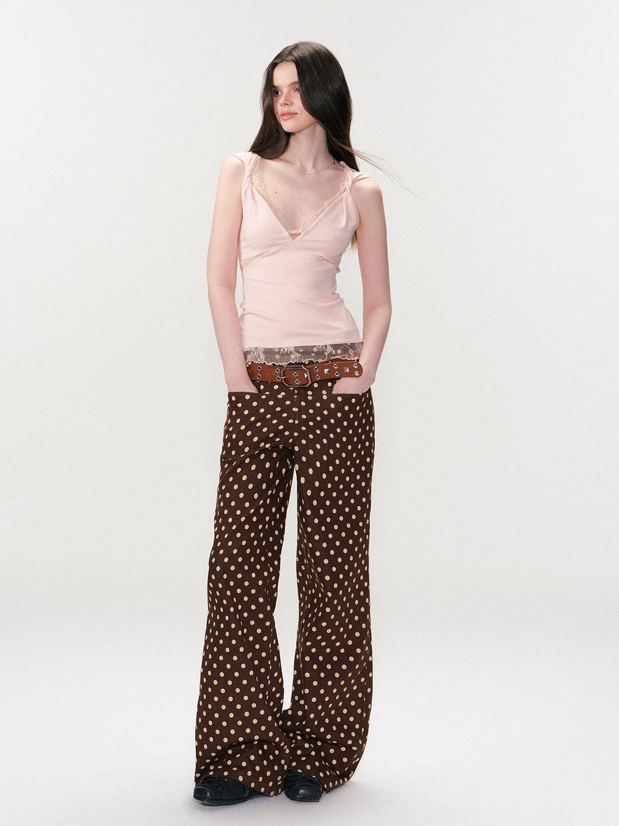 The NeverMore Cotton Polka Dot Vintage Natural Waist Casual Women Brown Straight Leg Jeans