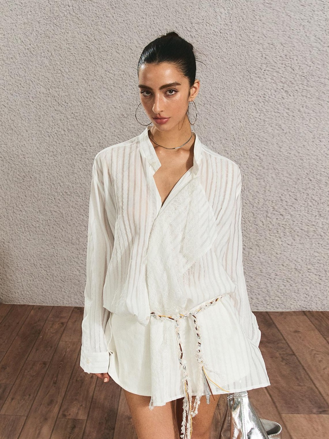 The NeverMore Breathable French Slim Button Stripe Open Cardigan Waist Tie Women Shirts