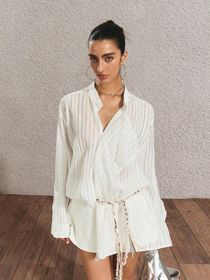 The NeverMore Breathable French Slim Button Stripe Open Cardigan Waist Tie Women Shirts