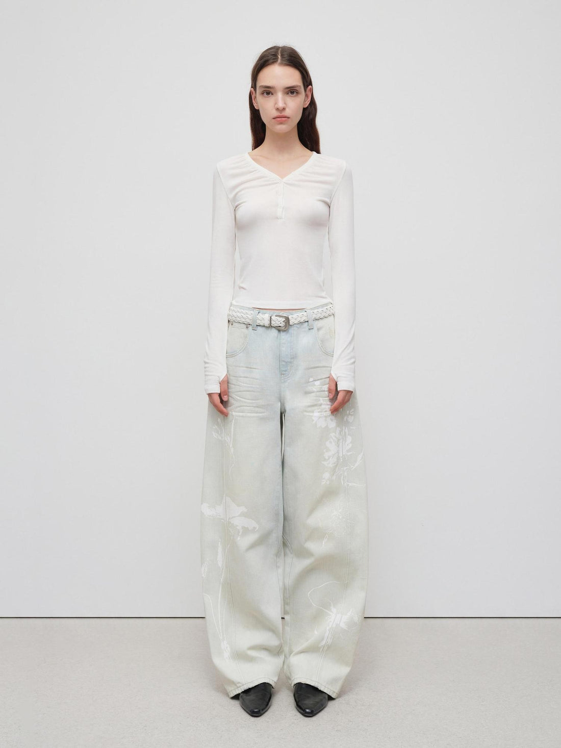 RUN TO THE FUTURE Vintage Light Blue Floral Cotton Loose Casual Womens Zipper Fly Wide-Leg Jeans