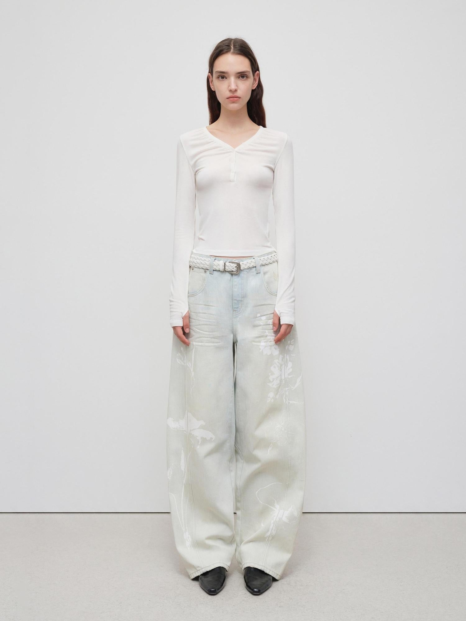 RUN TO THE FUTURE Vintage Light Blue Floral Cotton Loose Casual Womens Zipper Fly Wide-Leg Jeans